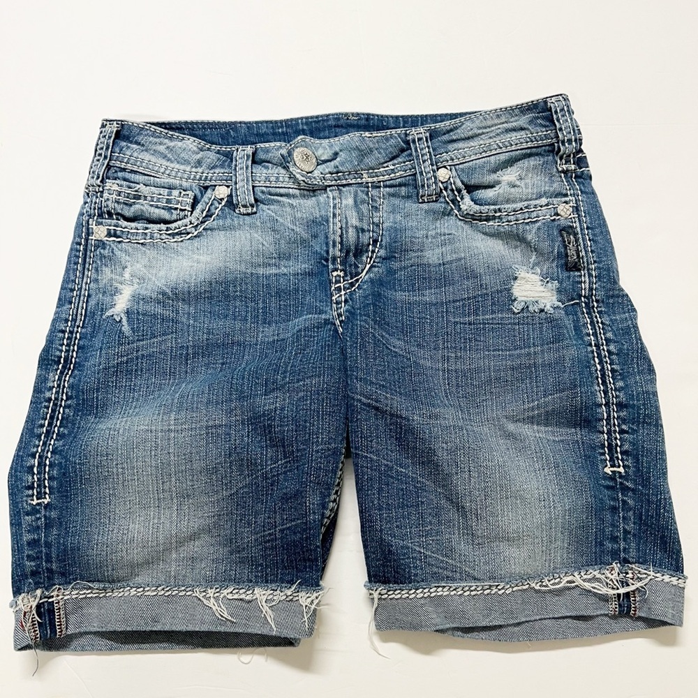 Silver Jeans Womens Denim Distressed Tuesday Mid Bermuda Cut Off Short Size 29